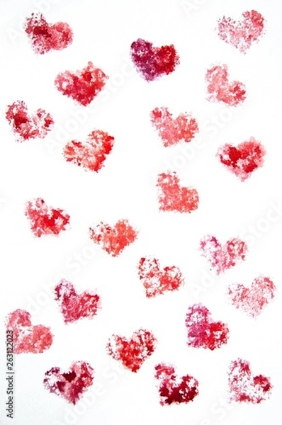 Fototapeta Watercolor hearts background white. Red heart. Drawing on Valentine's Day. Background for greeting card.