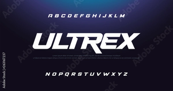 Fototapeta Sportowe nowoczesne czcionki alfabetu kursywa. Czcionki w stylu miejskim typografii dla technologii, technologii cyfrowej, projektowania logo filmu. ilustracji wektorowych