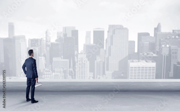 Fototapeta Businessman standing with his back on a roof with objects in his hand
