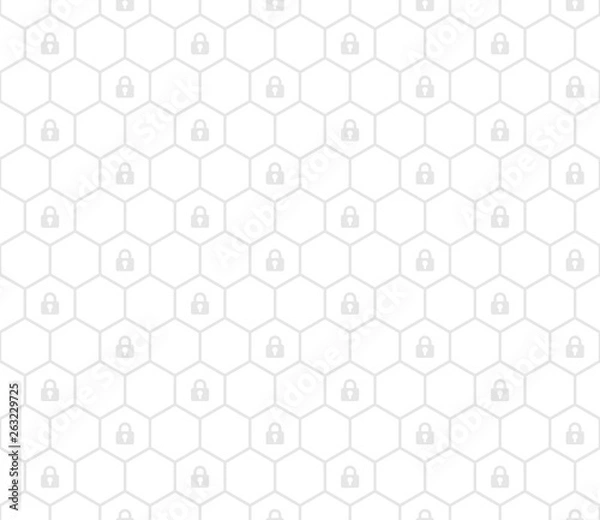 Fototapeta Gray lock symbol hexagon seamless pattern on white background vector. Simple and flat design, minimalist style, security concept.