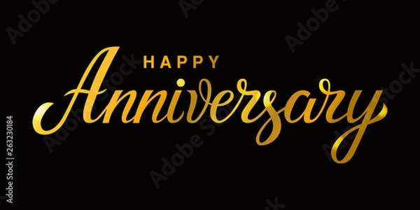 Fototapeta Happy Anniversary - unique hand drawn holiday quote. Handwritten typography lettering poster for greeting card, banner print. Vector modern gold text calligraphy illustration
