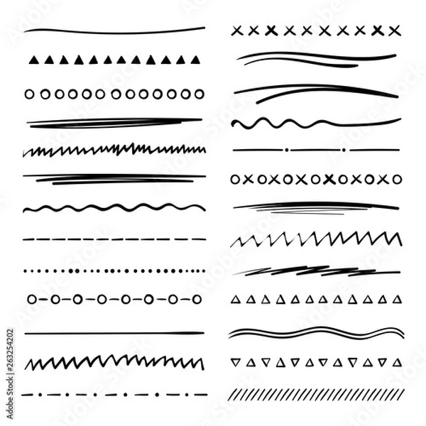 Fototapeta Handmade collection set of underline strokes in marker brush doodle style. Various Shapes. Vector graphic design