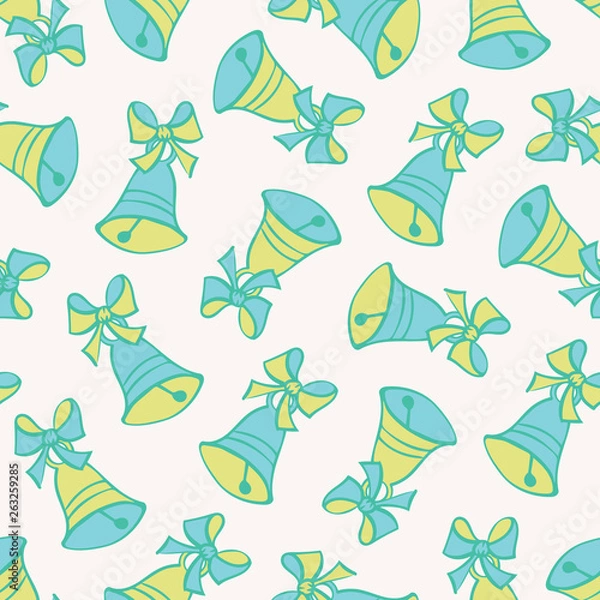 Fototapeta Jingle bells with ribbon and bow seamless vector pattern. Merry Christmas mood Happy New Year design. Cute Christmas bell with bows. Repeated print wrapper, fabric, texture, greeting card, invitation.