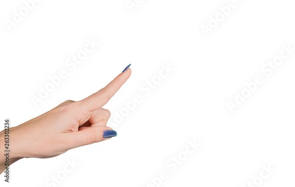 Fototapeta Closeup view of single female hand with beautiful modern blue manicure pointing at something virtual and invisible isolated on white background. Horizontal color photography.
