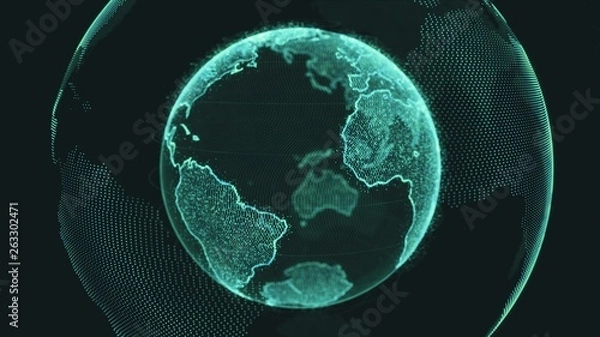 Obraz Earth rotating loop of rotating glowing dots stylised world globe with orbits