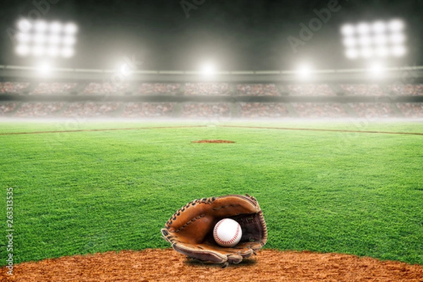 Obraz Baseball Glove on Field in Outdoor Stadium With Copy Space