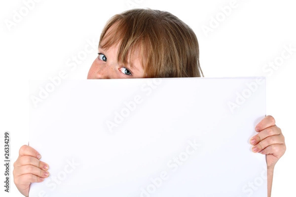 Fototapeta Girl carrying a blank paper with room for text isolated on white