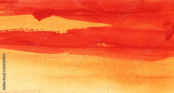 Fototapeta Abstract watercolor background. Gradient fill from saturated orange to white. Top bright red spots. Drawn hands on paper with texture.