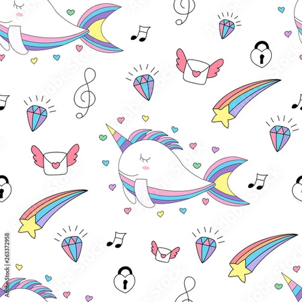Fototapeta Seamless pattern cute unicorn cartoon hand drawn style.vector and illustration