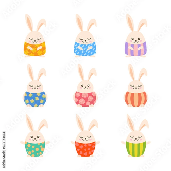 Fototapeta Set of cute rabbits isolated on white background. vector illustration