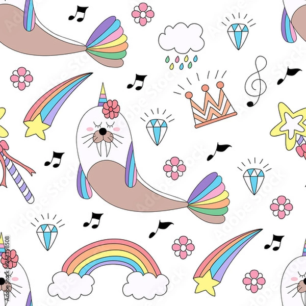 Fototapeta Seamless pattern cute sea lion cartoon hand drawn style.vector and illustration