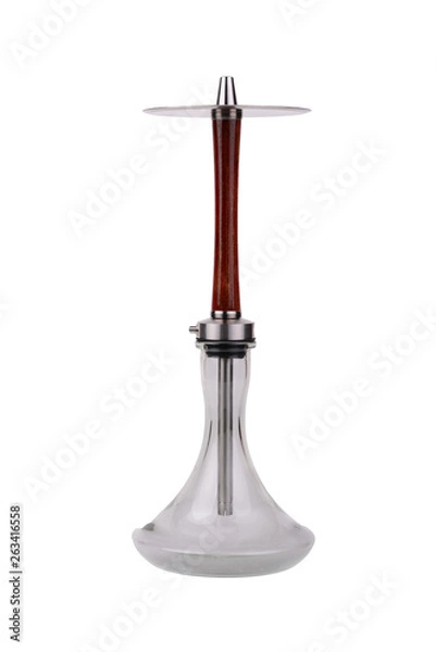 Fototapeta Red wooden hookah with a clean bowl without a hose is isolated on a white background. Metal hookah elements.
