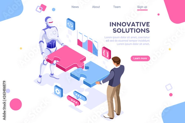 Obraz Flat cyborg idea, interactive engineer image. Partnership contact. Human interaction. Banner between white background, between empty space. 3d images isometric vector illustrations. Interacting people