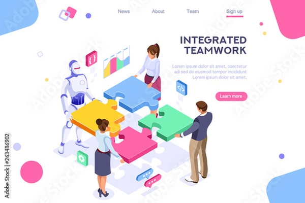 Fototapeta Flat cyborg idea, interactive engineer image. Partnership contact. Human interaction. Banner between white background, between empty space. 3d images isometric vector illustrations. Interacting people