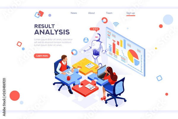 Fototapeta Flat cyborg idea, interactive engineer image. Partnership contact. Human interaction. Banner between white background, between empty space. 3d images isometric vector illustrations. Interacting people