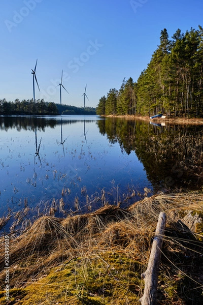 Obraz grass and a stick in the foreground with a lake and wind turbines in the background