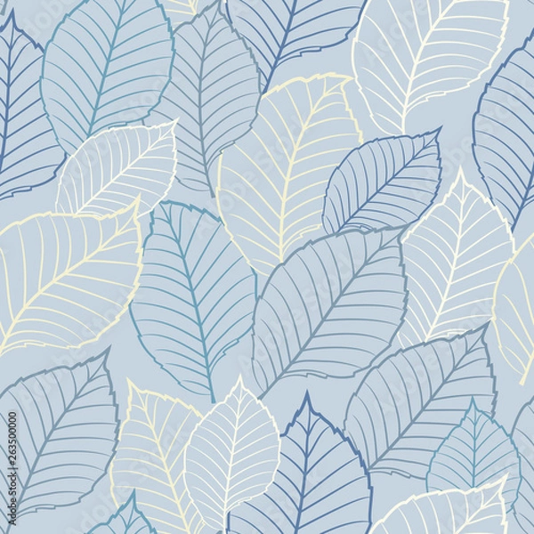 Fototapeta Seamless vector floral pattern with abstract outline tree leaves in pastel blue and white colors. Endless background in retro style