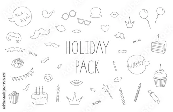 Fototapeta Vector set of black and white photo booth props, cakes, candles, balloons, confetti, sweets, candies, speech bubbles. Holiday or birthday collection. Linear art pack for party design or invitation.