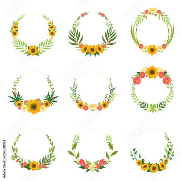 Fototapeta Floral Wreath with Sunflowers and Leaves Set, Circle Frames Borders with Place for Text, Design Element For Greeting Card, Invitation, Banner Vector Illustration