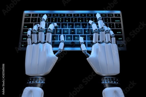 Obraz Hands of ai robot typing on keypad. Robotic cyborg hand using keyboard computer. 3d render realistic illustration. Top view.