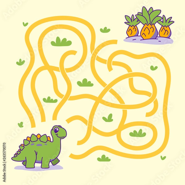 Fototapeta Help cute dino find the right path to plant. Labyrinth. Maze game for kids. Vector illustration.