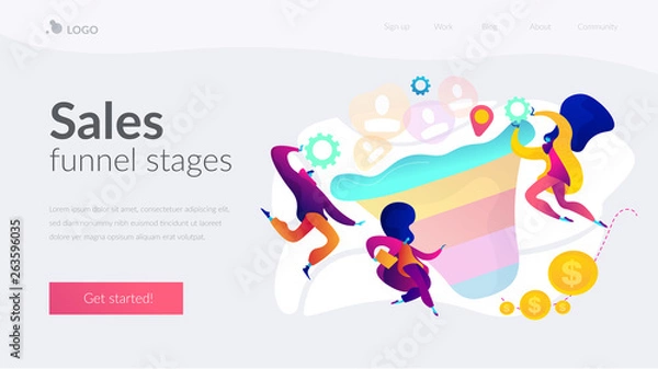 Fototapeta Sales funnel management, customer journey representation sales funnel stages concept. Website homepage interface UI template. Landing web page with infographic concept hero header image.