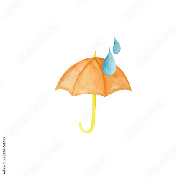 Obraz  Watercolor set with yellow rain, umbrella, rainbow, raindrops on a white background.