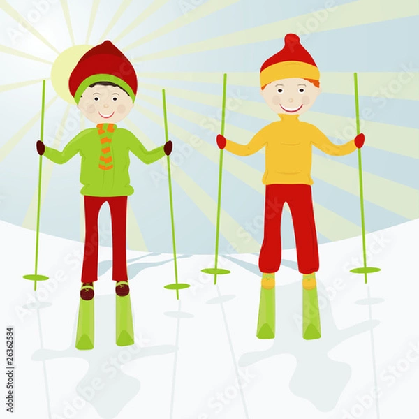 Obraz Two boys on skis on a snow mountain