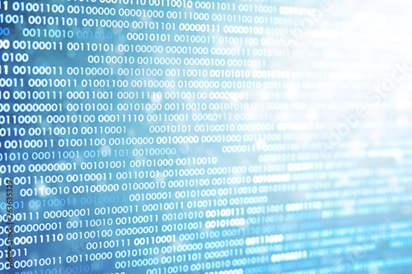 Obraz Big overload blockchain data. Blue binary data code background for internet and cyberspace security function. one and zero text on circular light bokeh.