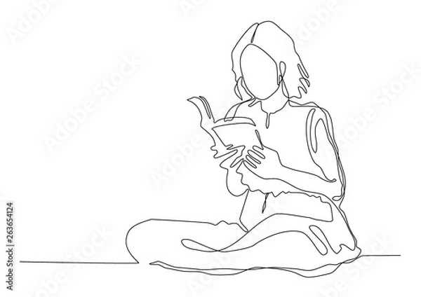 Fototapeta Continuous line drawing woman. Girl sitting reading a book
