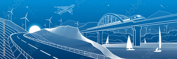 Obraz City infrastructure industrial and transport illustration panorama. Train travels along  railway bridge over river. Automobile road in mountains. White lines on blue background. Vector design art