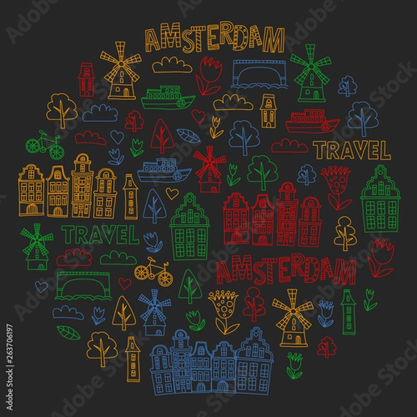 Fototapeta Vector pattern with Holland, Netherlands, Amsterdam icons. Doodle style.