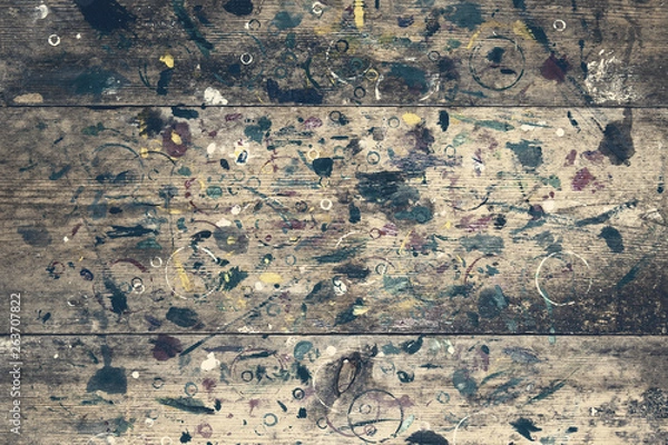 Fototapeta Top view. Old paint stained artist empty table. Artistic background