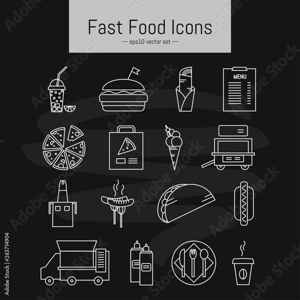 Fototapeta Set of simple fast food icons. Outline stroke vector illustration. Chalk board style.