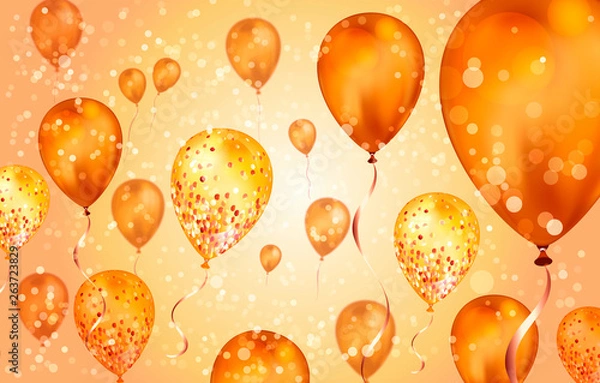 Fototapeta Elegant orange Flying helium Balloons with Bokeh Effect and glitter. Wedding, Birthday and Anniversary Background. Vector illustration for invitation card, party brochure, banner