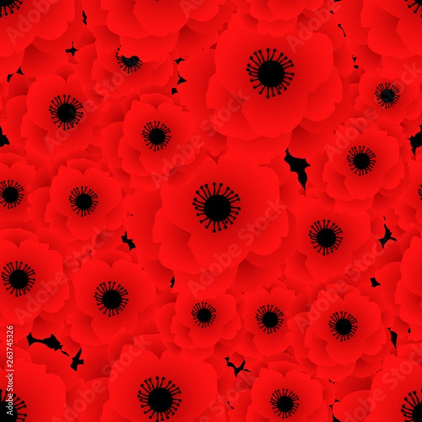 Fototapeta Poppy seamless pattern. Red poppies on black background. Can be uset for textile, wallpapers, prints and web design. Vector illustration