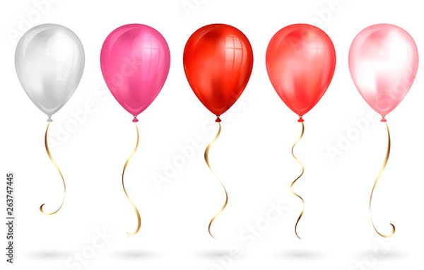 Fototapeta Set of 5 shiny red and pink realistic 3D helium balloons for your design. Glossy balloons with glitter and gold ribbon, perfect decoration for birthday party brochures, invitation card or baby shower