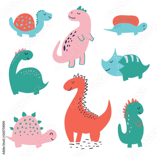 Fototapeta Set of cute hand drawn vector dinosaur characters. Kids illustration