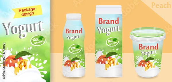 Fototapeta Natural peach Yogurt ads or packaging design. Template various packages for yogurt products. Applicable for branding, design presentation. Vector