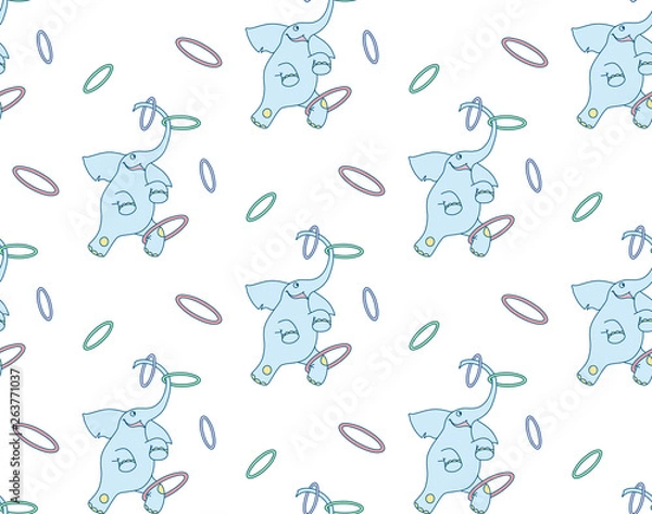Fototapeta Vector seamless pattern of cheerful cartoon elephant juggler with hoops on white background