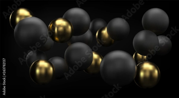 Fototapeta Golden and black abstract background with 3d spheres bubbles. Vector Christmas balls textured with gold. Jewelry cover concept. Horizontal banner. Decoration element for design.