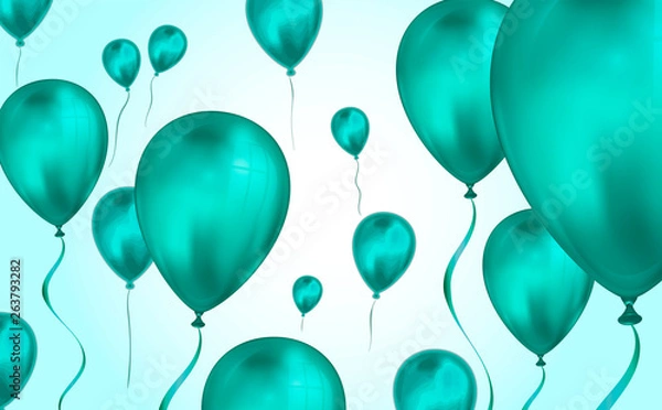 Fototapeta Glossy teal color Flying helium Balloons backdrop with blur effect. Wedding, Birthday and Anniversary Background. Vector illustration for invitation card, party brochure, banner