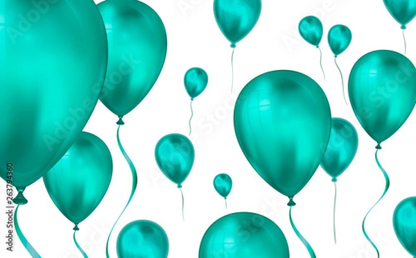 Fototapeta Glossy teal color Flying helium Balloons backdrop with blur effect. Wedding, Birthday and Anniversary Background. Vector illustration for invitation card, party brochure, banner