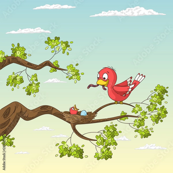 Fototapeta A Bird is feeding his chick with a worm. Hand drawn vector illustration.