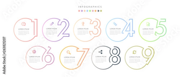 Fototapeta Vector infographic design UI template colorful gradient 9 number labels and icons