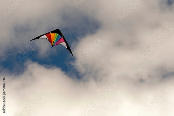 Fototapeta A bright kite flying against the backdrop of thunder clouds.