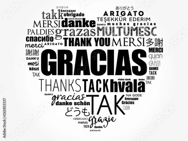 Fototapeta Gracias (Thank You in Spanish) love heart Word Cloud in different languages of the world