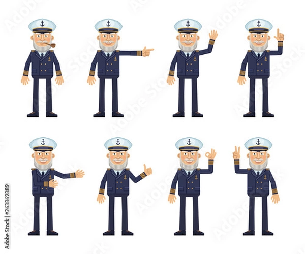 Fototapeta Set of old navy captain characters showing different hand gestures. Cheerful skipper showing thumb up gesture, this way, greeting, waving, pointing up, victory sign. Flat style vector illustration