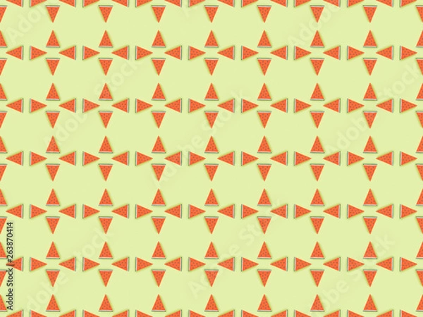 Fototapeta top view of pattern with handmade paper watermelon slices isolated on green