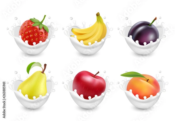 Fototapeta Set of fruit in a milk splash. Fruits yogurt. 3d realistic vector